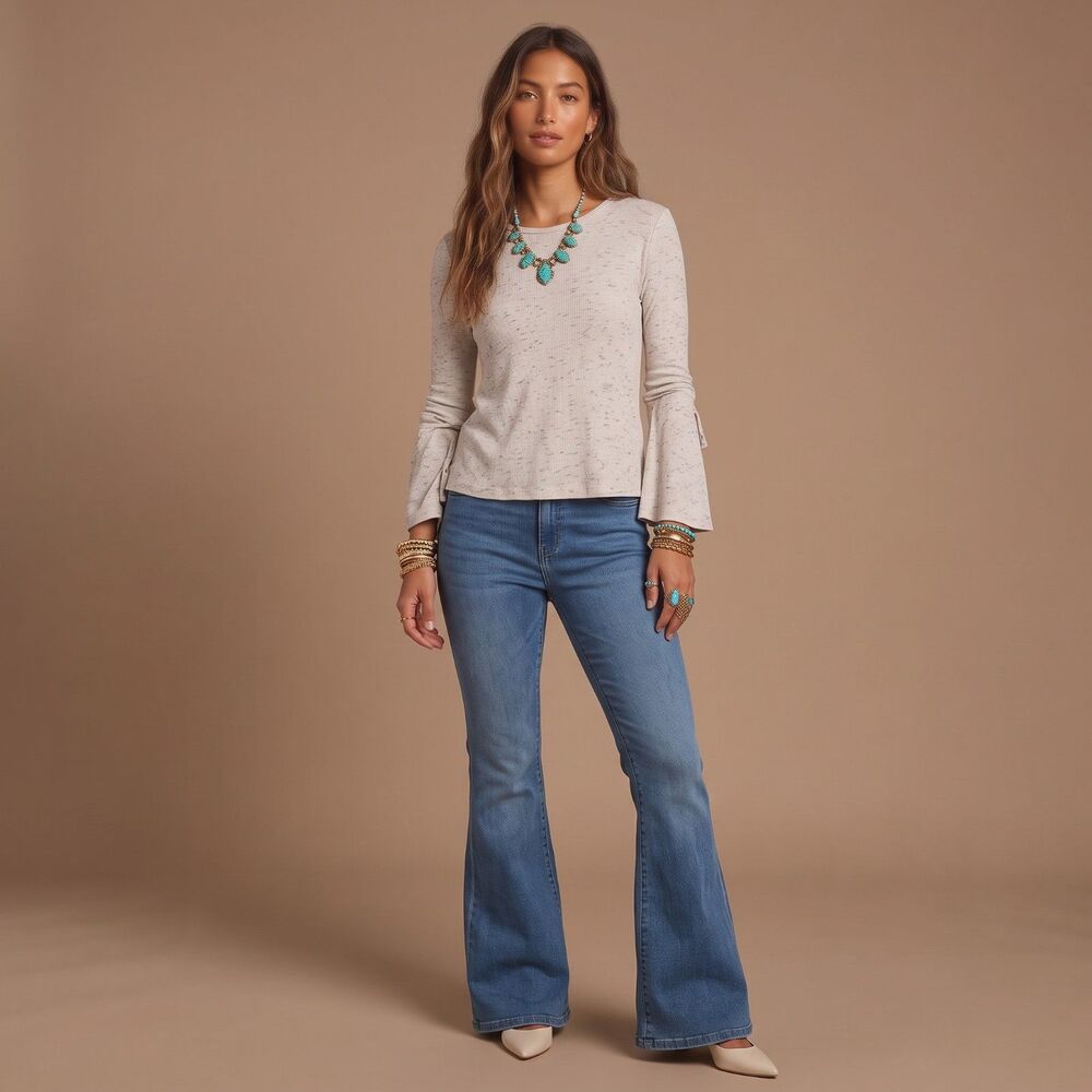 Boho long sleeve white / grey speckles  blouse with tie cuffs  S